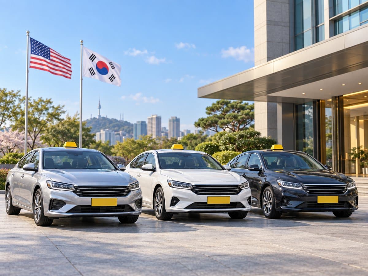 Exchange taxis in front of the US and Korean flags